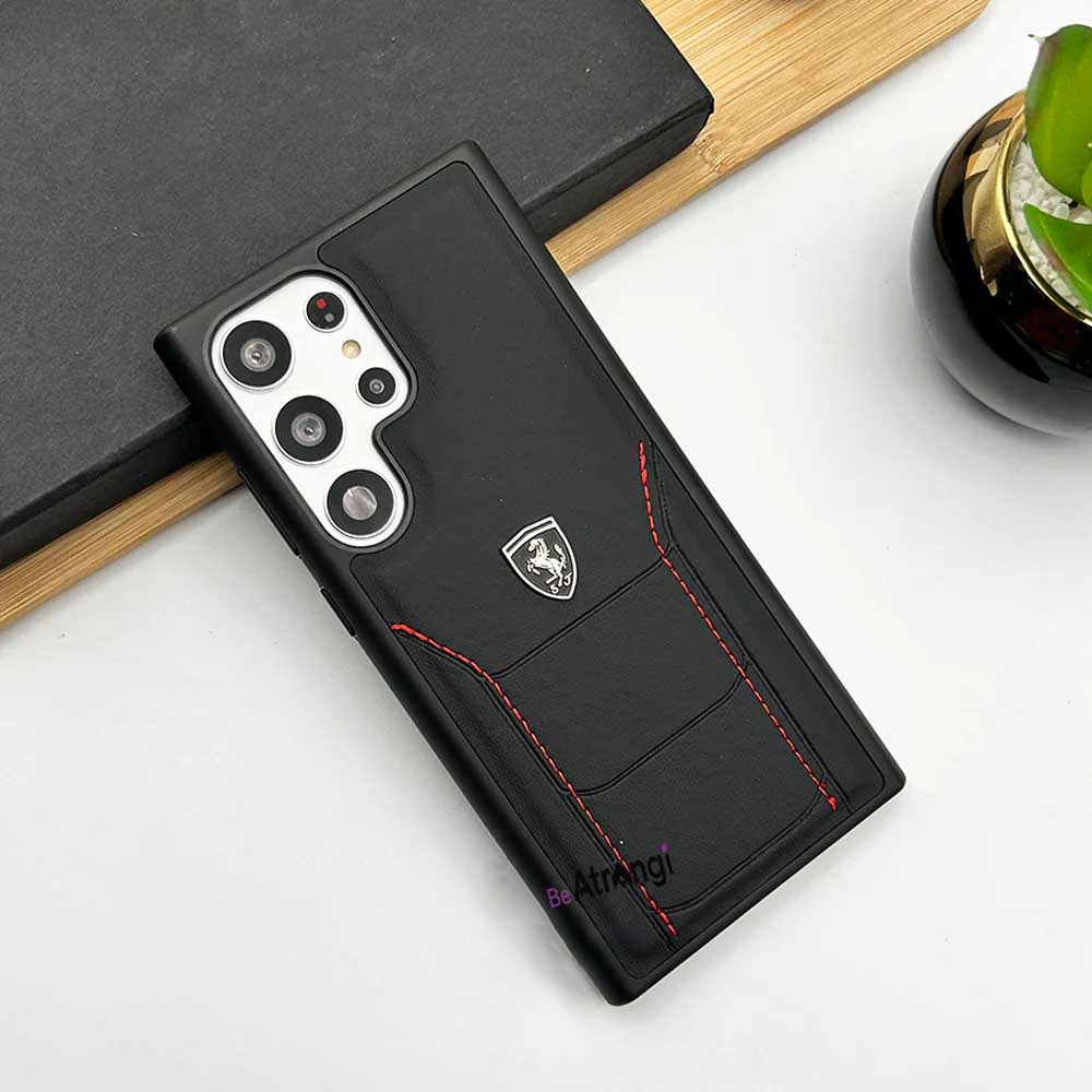 Samsung Galaxy S23 Ultra Ferrari Logo Side Red Stitch Leather Case