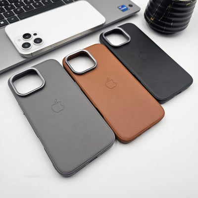 iPhone 16 Series PU Leather Logo Thin Case With Metal Camera Bump