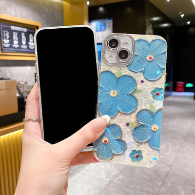 iPhone 15 Series Luxury 3D Oil Painting Floral Design With Glitter Lens Protection Case Cover (SkyBlue)