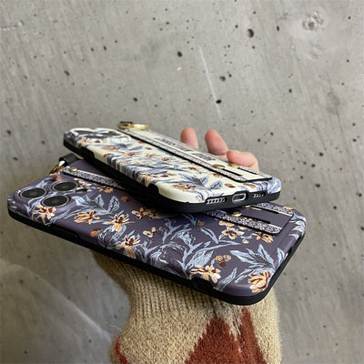 iPhone 16 Series Luxury Brand CD Floral Strap Belt Case Cover