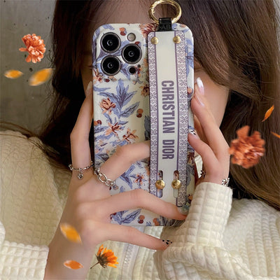 iPhone 16 Series Luxury Brand CD Floral Strap Belt Case Cover