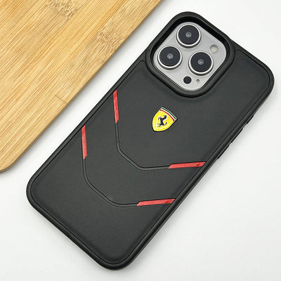 iPhone 15 Series Ferrari Logo Side Four Line Design Leather Case