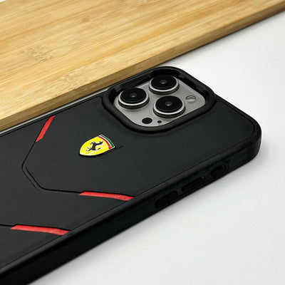 iPhone 15 Series Ferrari Logo Side Four Line Design Leather Case