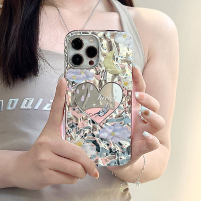 iPhone 15 series Fold effect Electroplated Heart Mirror Design Case Cover With Chain Holder