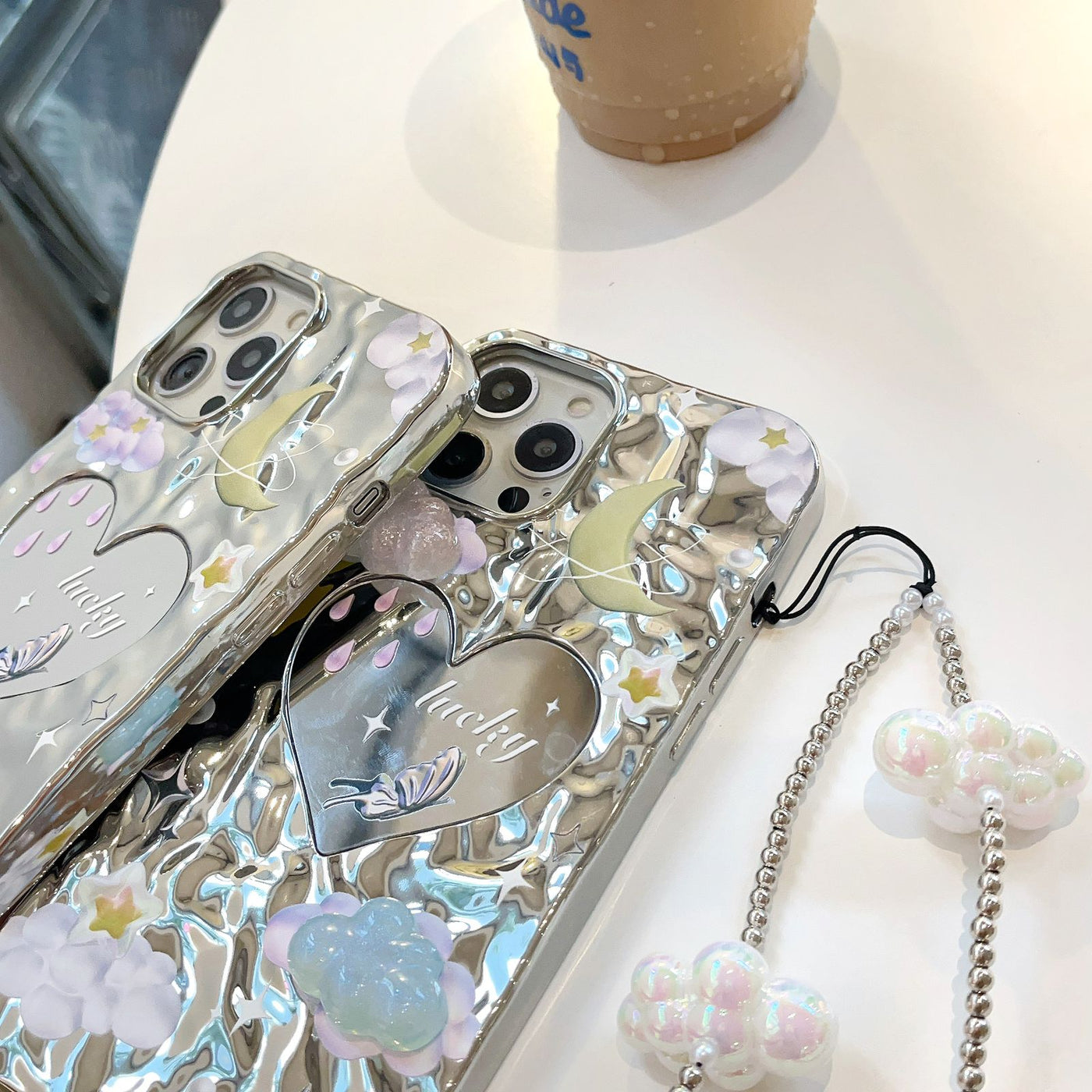 iPhone 15 series Fold effect Electroplated Heart Mirror Design Case Cover With Chain Holder