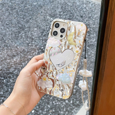 iPhone 15 series Fold effect Electroplated Heart Mirror Design Case Cover With Chain Holder
