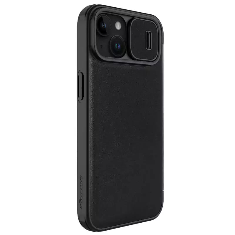 iPhone 15 Series Nillkin Qin Pro Plain Leather+Cloth Flip case Cover (Black)