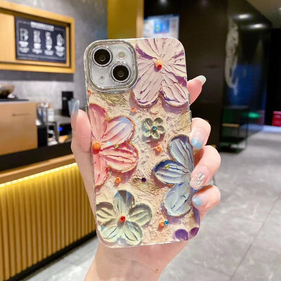 iPhone 16 Series Luxury 3D Oil Painting Floral Design Case Cover