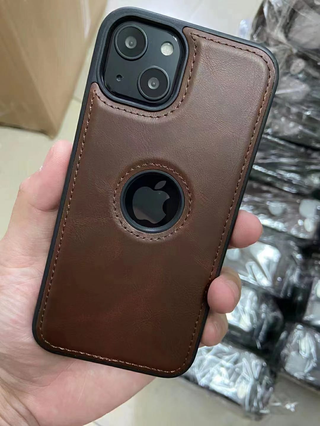 iPhone 15 Series Luxury Leather Logo Cut Back Cover