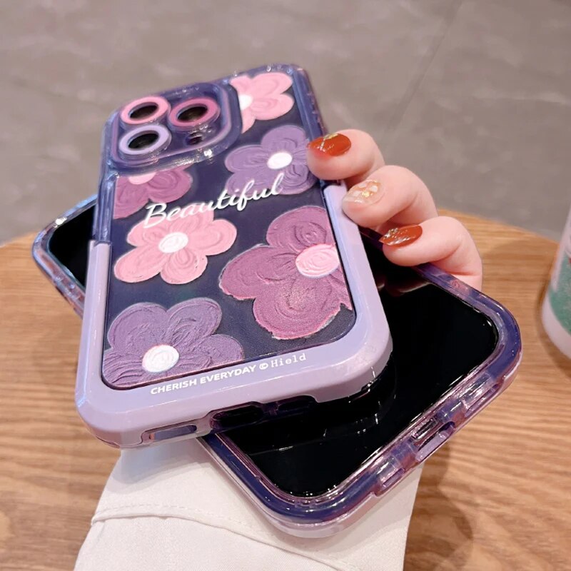 iPhone Beautiful Purple Glossy Floral With Kickstand Case Cover