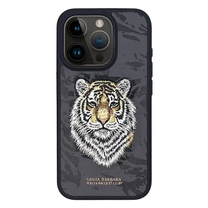 iPhone 15 Series Premium Santa Barbara Savana White Tiger Leather Case Cover (Black)
