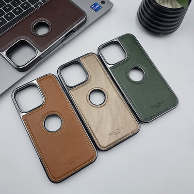 iPhone 16 Series Logo Cut Corner Stitched PU Leather Chrome Case