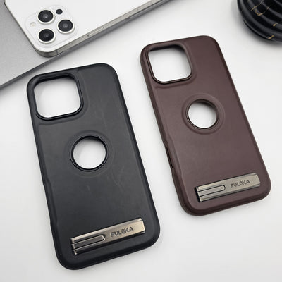 iPhone 16 Series Leather Metal Kickstand Case Inside Velvet