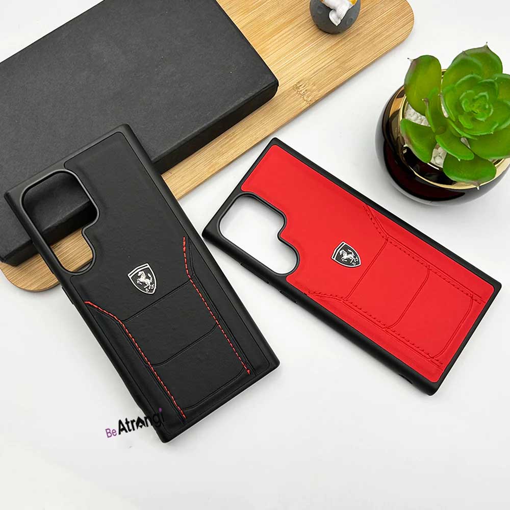 Samsung Galaxy S23 Ultra Ferrari Logo Side Red Stitch Leather Case Cover