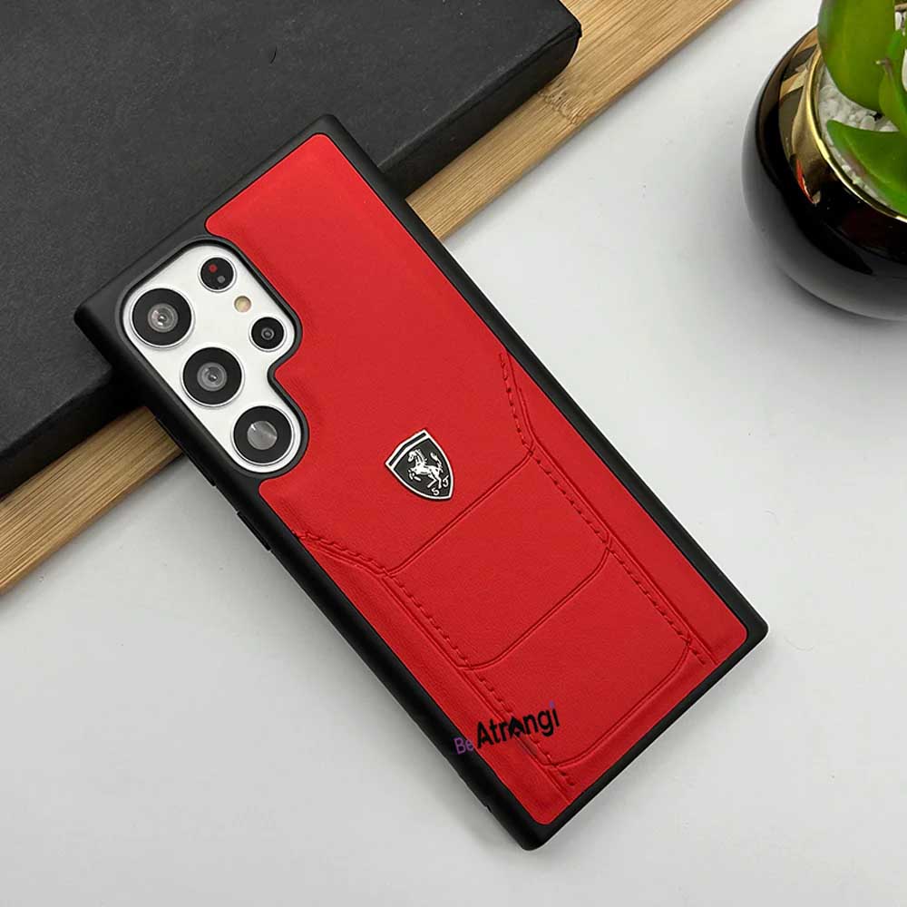 Samsung Galaxy S23 Ultra Ferrari Logo Side Red Stitch Leather Case