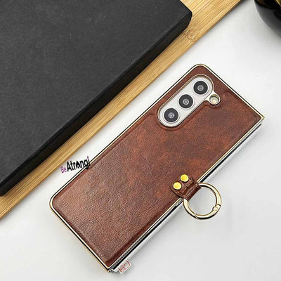 Samsung Galaxy Z Fold 5 PU Leather Chrome Plated With Front Screen Protector Metal Ring Case Cover