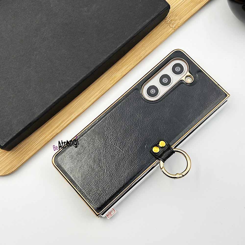 Samsung Galaxy Z Fold 5 PU Leather Chrome Plated With Front Screen Protector Metal Ring Case Cover