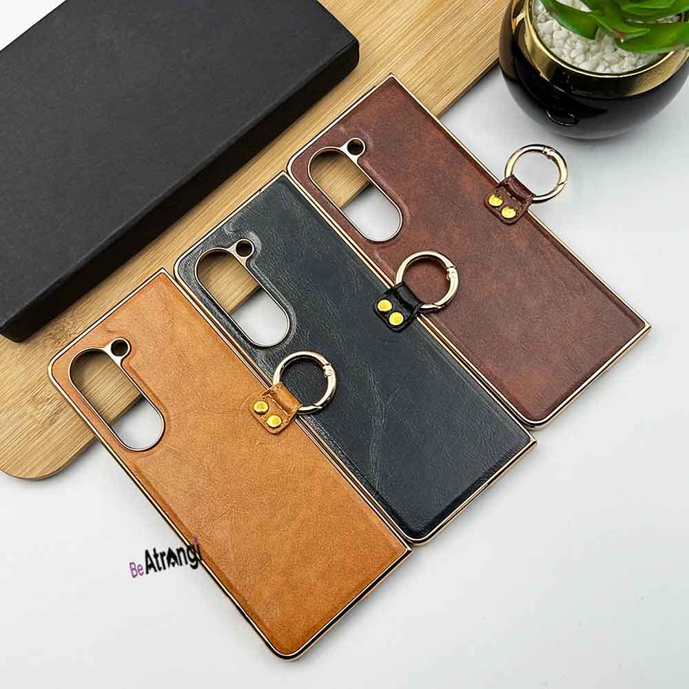 Samsung Galaxy Z Fold 5 PU Leather Chrome Plated With Front Screen Protector Metal Ring Case Cover