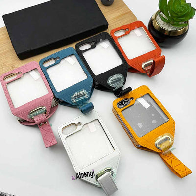 Samsung Galaxy Z Flip 5 Luxury Chrome Plated Faux Leather Case Cover With Wrist Strap Holder