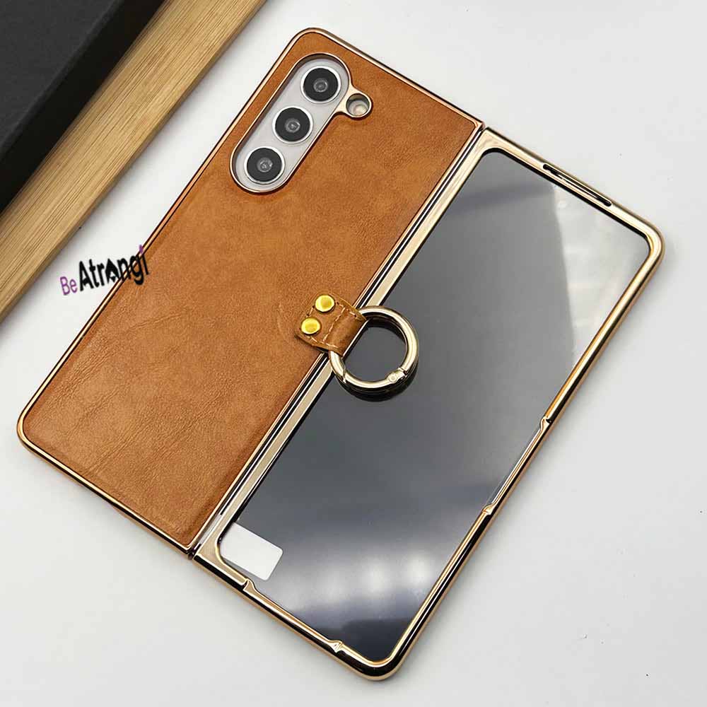 Samsung Galaxy Z Fold 5 PU Leather Chrome Plated With Front Screen Protector Metal Ring Case Cover