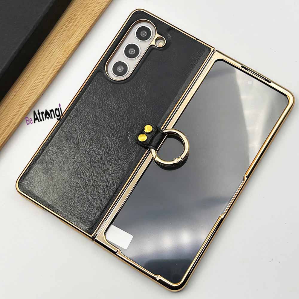 Samsung Galaxy Z Fold 5 PU Leather Chrome Plated With Front Screen Protector Metal Ring Case Cover