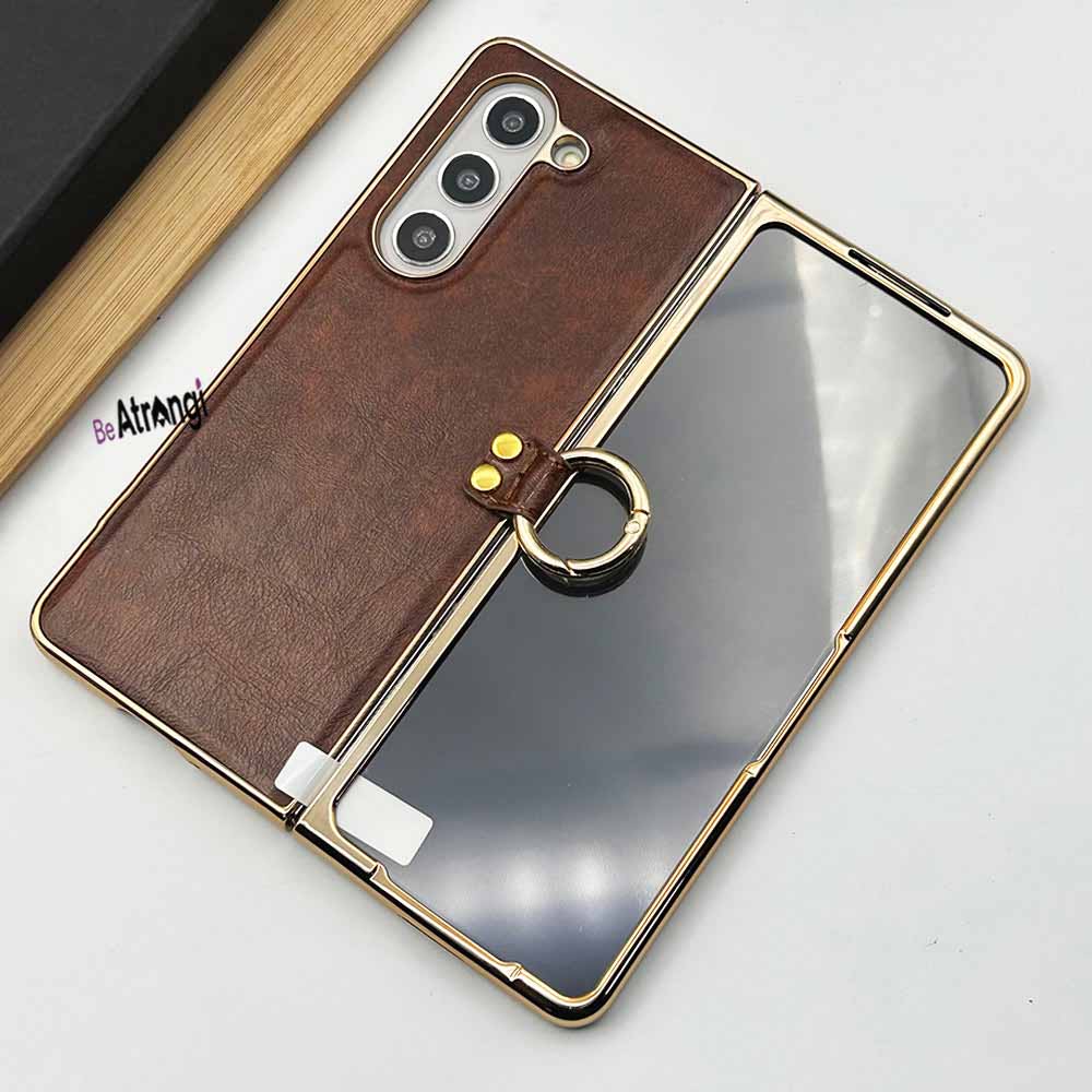 Samsung Galaxy Z Fold 5 PU Leather Chrome Plated With Front Screen Protector Metal Ring Case Cover