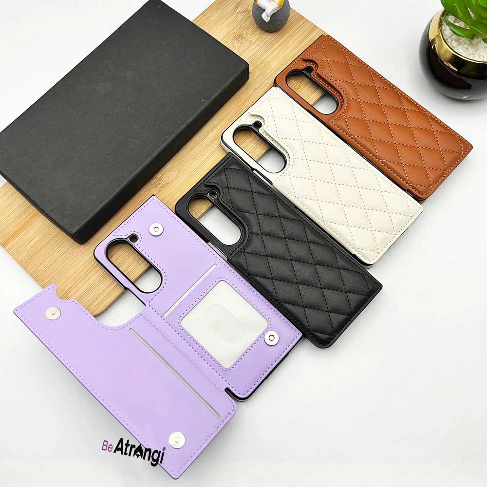 Samsung Galaxy Z Fold 5 Fashion Puffer Leather Stitch Design Card Holder Case Cover