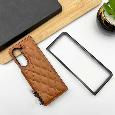 Samsung Galaxy Z Fold 5 Fashion Puffer Leather Stitch Design Card Holder Case Cover