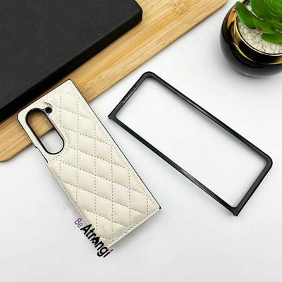 Samsung Galaxy Z Fold 5 Fashion Puffer Leather Stitch Design Card Holder Case Cover