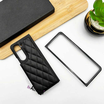 Samsung Galaxy Z Fold 5 Fashion Puffer Leather Stitch Design Card Holder Case Cover