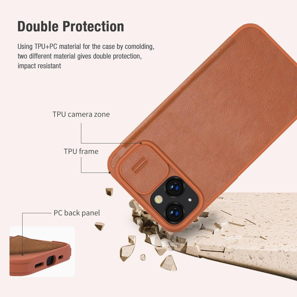 iPhone 13 Camera Protection QIN Leather Flip Case Brown