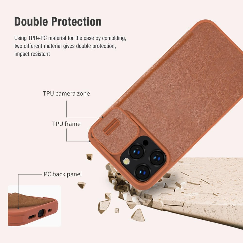 iPhone 14 Pro Max Camera Protection QIN Leather Flip Case Brown