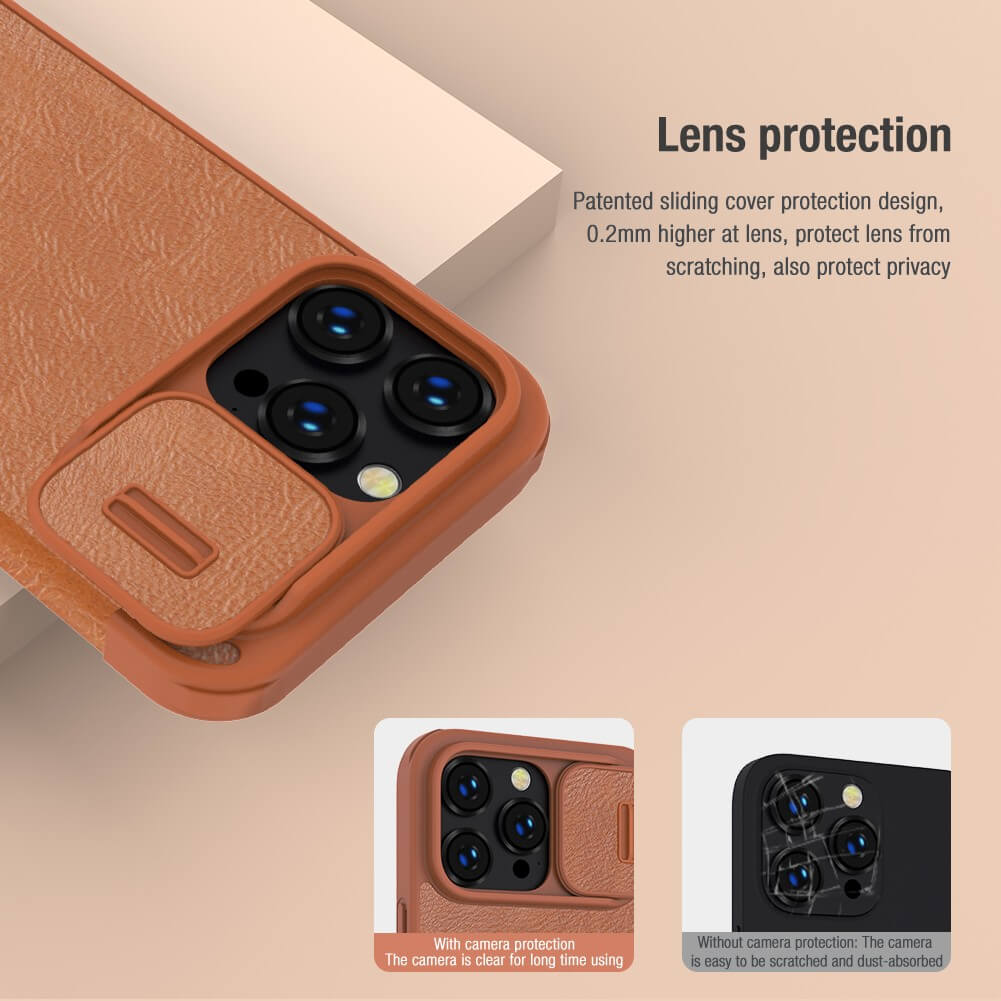 iPhone 14 Pro Max Camera Protection QIN Leather Flip Case Brown