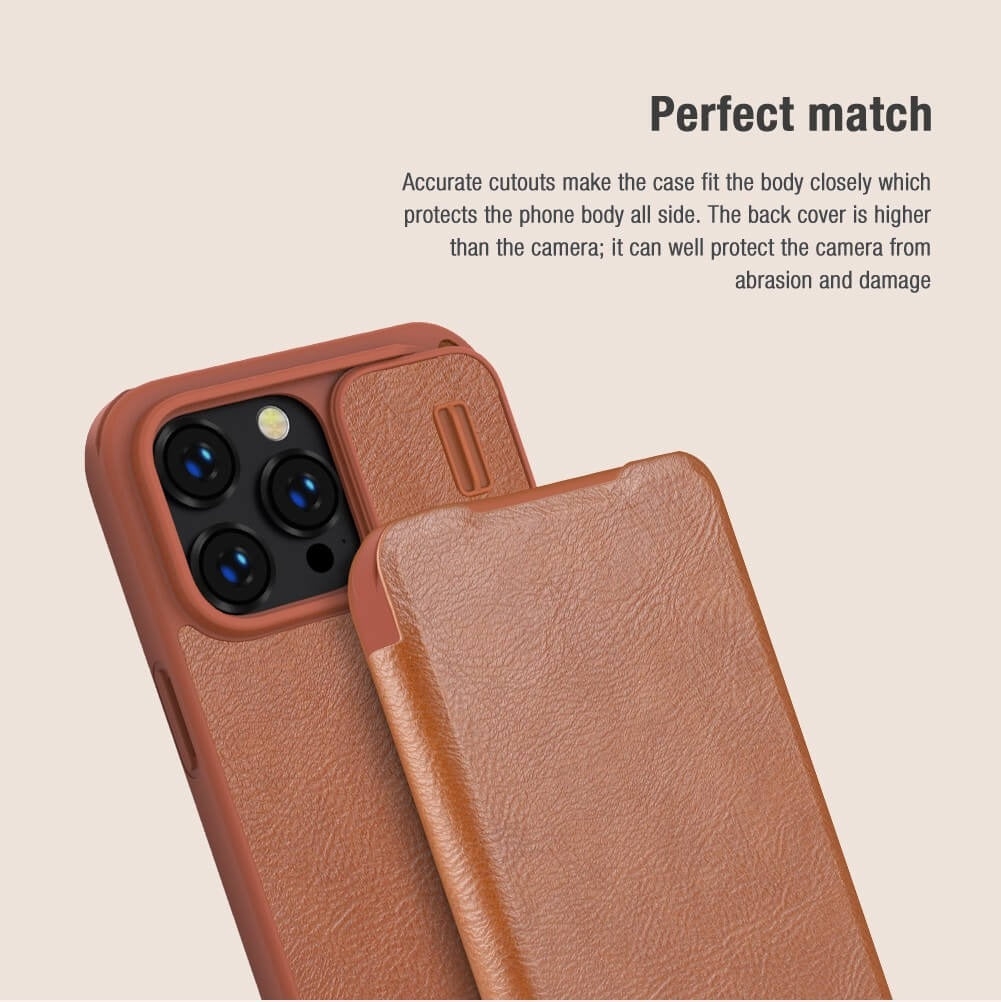 iPhone 14 Pro Camera Protection QIN Leather Flip Case Brown