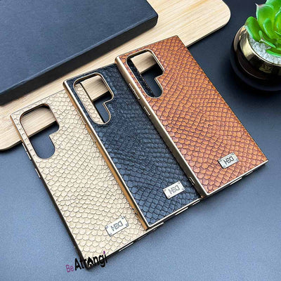 Samsung Galaxy S23 Ultra Chrome Plated PU Leather Snake Skin Texture Design Case Cover