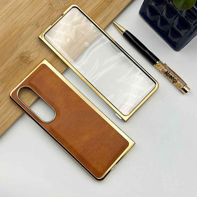 Samsung Z Fold 3 PU Leather Chrome Plated With Front Screen Protector Case Cover