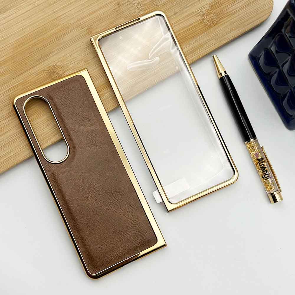 Samsung Z Fold 3 PU Leather Chrome Plated With Front Screen Protector Case Cover