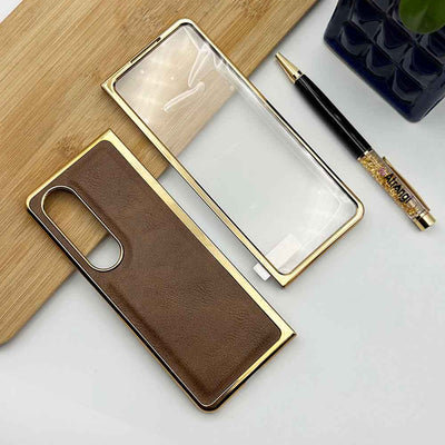 Samsung Z Fold 3 PU Leather Chrome Plated With Front Screen Protector Case Cover