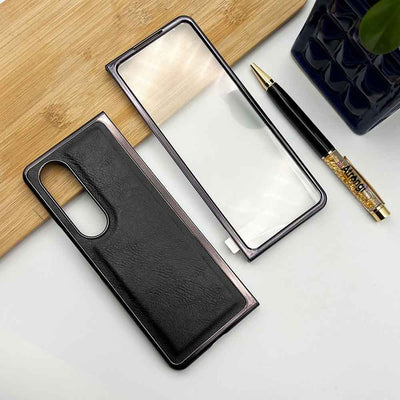 Samsung Z Fold 3 PU Leather Chrome Plated With Front Screen Protector Case Cover