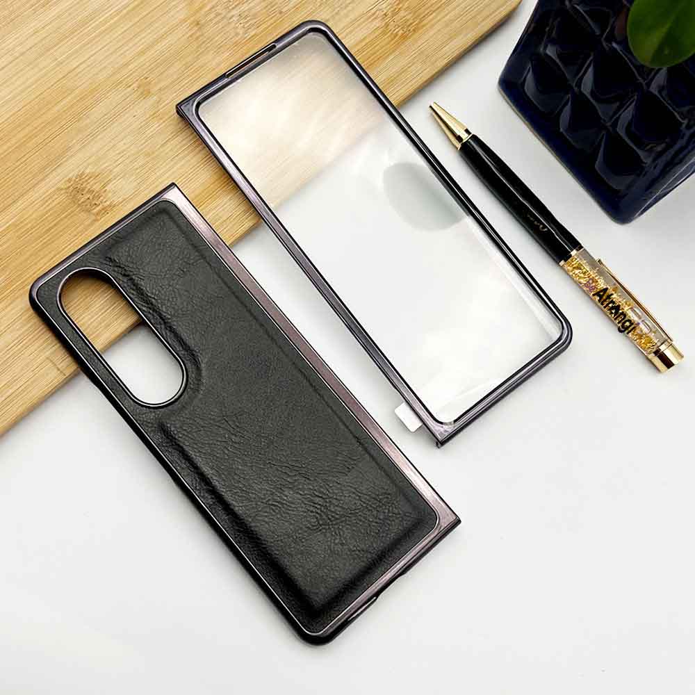 Samsung Z Fold 3 PU Leather Chrome Plated With Front Screen Protector Case Cover