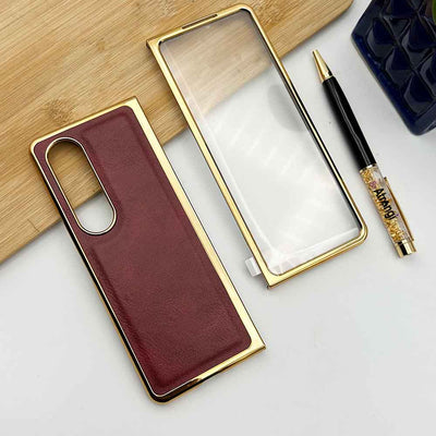 Samsung Z Fold 3 PU Leather Chrome Plated With Front Screen Protector Case Cover