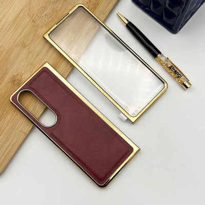 Samsung Z Fold 3 PU Leather Chrome Plated With Front Screen Protector Case Cover